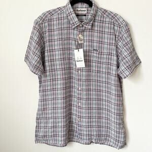 NWT Barbour Deanhill Summer Seersucker Plaid Button Up Shirt Mens Medium Navy